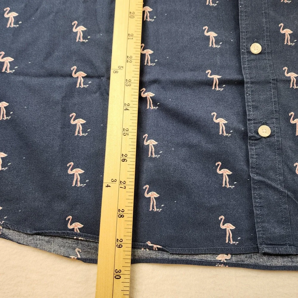 J.Crew Button Down Mens XL Navy Blue Flamingo Print Slim Fit Short Sleeve Shirt